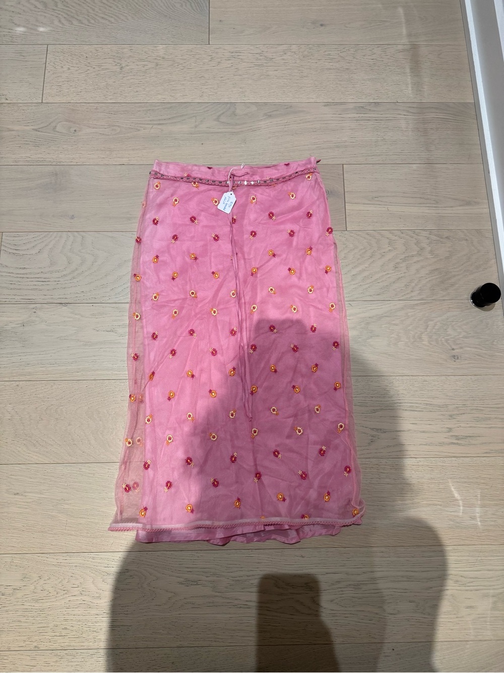 Pink Floral Embroidered Beaded Midi Skirt